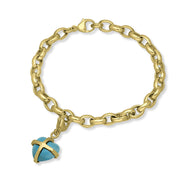 9ct Yellow Gold Turquoise Small Cross Heart Charm Bracelet, B1209
