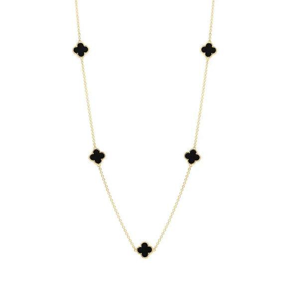 9ct Yellow Gold Whitby Jet Bloom Four Leaf Clover Ball Edge Necklace, N1154