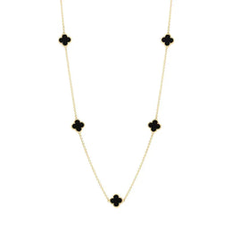 9ct Yellow Gold Whitby Jet Bloom Four Leaf Clover Ball Edge Necklace, N1154