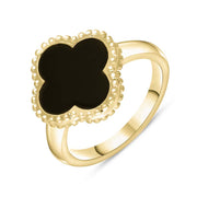 9ct Yellow Gold Whitby Jet Bloom Four Leaf Clover Ball Edge Ring