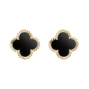 9ct Yellow Gold Whitby Jet Bloom Four Leaf Clover Ball Edge Stud Earrings, E2600