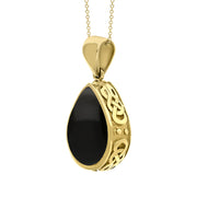 9ct Yellow Gold Whitby Jet Blue John Double Sided Celtic Edge Pear Cut Fob Necklace, P410_3.