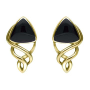 9ct Yellow Gold Whitby Jet Curve Triangle Celtic Stud Earrings, E986.