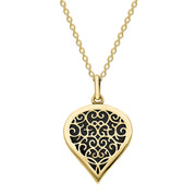 9ct Yellow Gold Whitby Jet Flore Filigree Medium Heart Necklace. P3630.