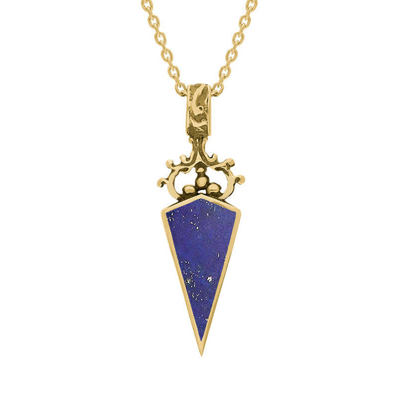 9ct Yellow Gold Whitby Jet Lapis Lazuli Double Sided Scroll Top Dagger Fob Necklace, P423.