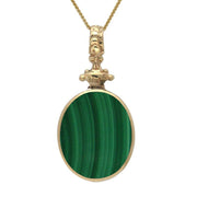 9ct Yellow Gold Whitby Jet Malachite Double Sided Oval Fob Necklace, P100.