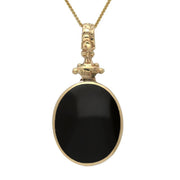 9ct Yellow Gold Whitby Jet Malachite Double Sided Oval Fob Necklace, P100_2.