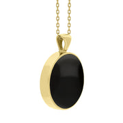 9ct Yellow Gold Whitby Jet Mother Of Pearl Large Double Sided Round Fob Necklace, P012_3.