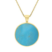 9ct Yellow Gold Whitby Jet Turquoise Large Double Sided Round Fob Necklace, P012.