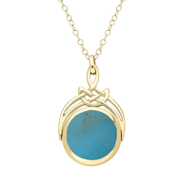 9ct Yellow Gold Whitby Jet Turquoise Round Swivel Fob Necklace, P258_12.