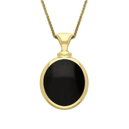 9ct Yellow Gold Whitby Jet White Mother Of Pearl Small Double Sided Oval Fob Necklace, P219.