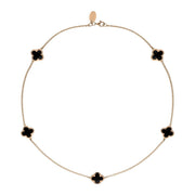 9ct Rose Gold Whitby Jet Bloom Four Leaf Clover Long Necklace, N1128.