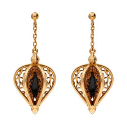 9ct Rose Gold Whitby Jet Flore Filigree Drop Earrings E1781