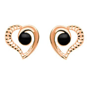 9ct Rose Gold Whitby Jet Half Ridged Heart Stud Earrings E1908