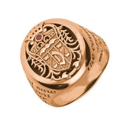 9ct Rose Gold Whitby Jet Ruby Dracula Crest Replica Signet Ring. R622. 