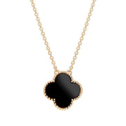 9ct Rose Gold Whitby Jet Bloom Large Four Leaf Clover Ball Edge Chain Necklace, N1043.
