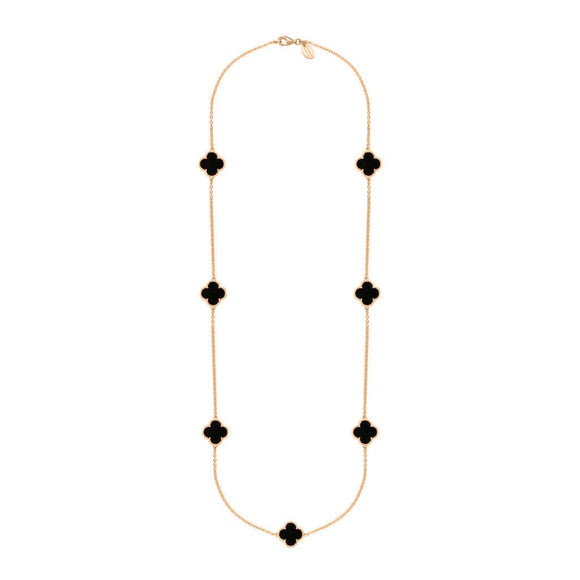 9ct Rose Gold Whitby Jet Bloom Seven Stone Four Leaf Clover Chain Necklace, N1040.