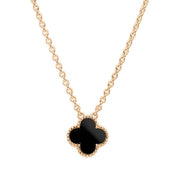  9ct Rose Gold Whitby Jet Bloom Small Four Leaf Clover Ball Edge Chain Necklace, N1044.