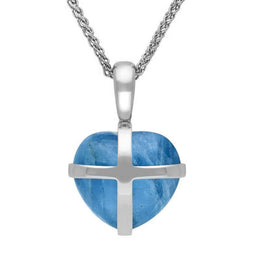 9ct White Gold Aquamarine Small Cross Heart Necklace, P1544.
