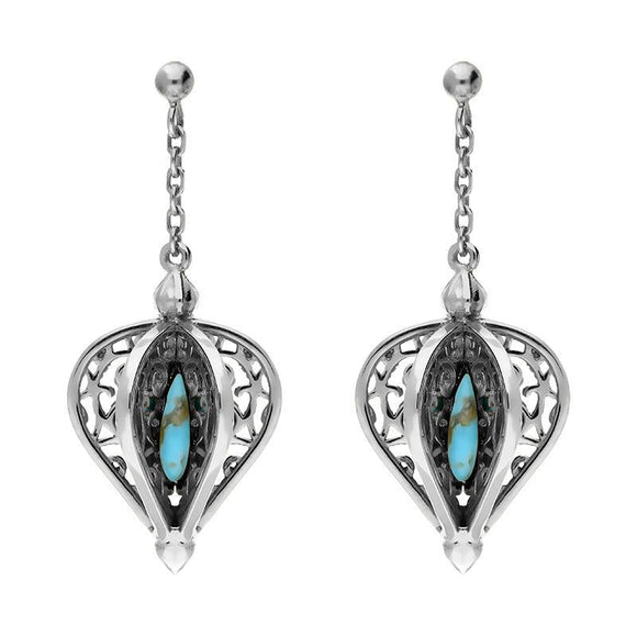 9ct White Gold Turquoise Flore Filigree Drop Earrings E1781
