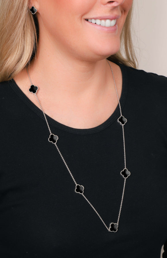 9ct White Gold Whitby Jet Bloom Four Leaf Clover Ball Edge Long Necklace, N1040.