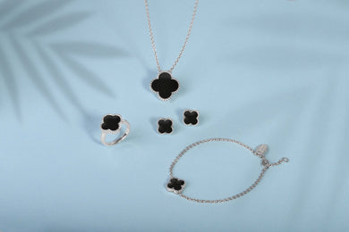 9ct White Gold Whitby Jet Bloom Four Leaf Clover Ball Edge Stud Earrings, E2600