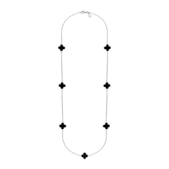 9ct White Gold Whitby Jet Bloom Four Leaf Clover Long Necklace, N1129.