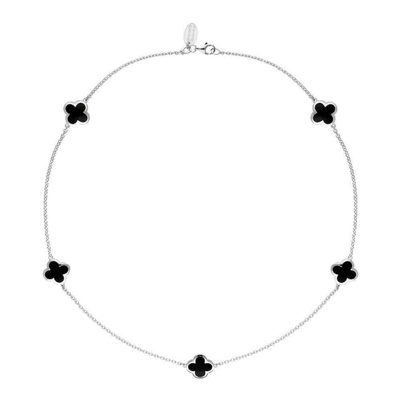 9ct White Gold Whitby Jet Bloom Four Leaf Clover Necklace, N1128.