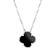 9ct White Gold Whitby Jet Bloom Large Four Leaf Clover Ball Edge Chain Necklace, N1043.