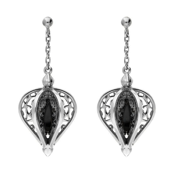 9ct White Gold Whitby Jet Flore Filigree Drop Earrings E1781