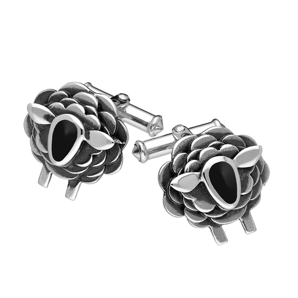 9ct White Gold Whitby Jet Sheep Cufflinks, CL547.
