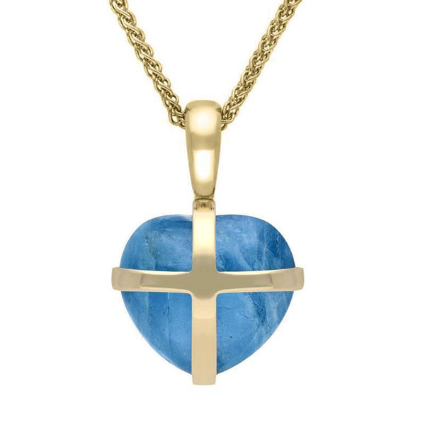9ct Yellow Gold Aquamarine Small Cross Heart Necklace, P1544.