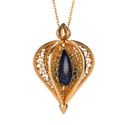 9ct Yellow Gold Blue Goldstone Flore Filigree Droplet Necklace, P2330C.