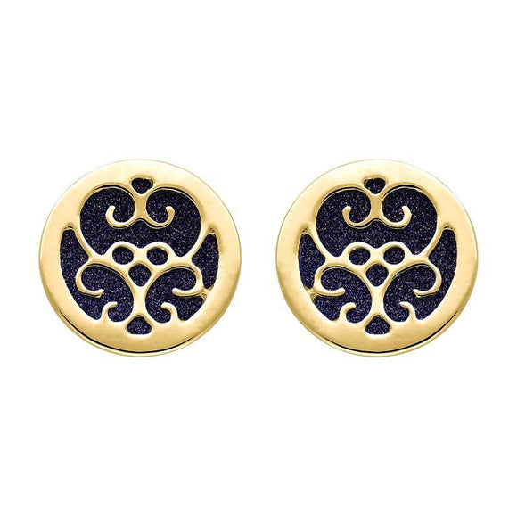 9ct Yellow Gold Blue Goldstone Flore Filigree Stud Earrings, E1782