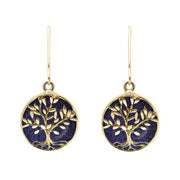 9ct Yellow Gold Blue Goldstone Round Large Tree of Life Leaves Drop Earrings, E2427