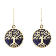 9ct Yellow Gold Blue Goldstone Round Tree of Life Drop Earrings, E2429.