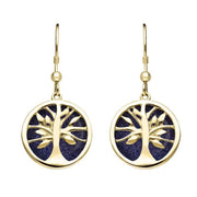 9ct Yellow Gold Blue Goldstone Round Tree of Life Drop Earrings, E2485.