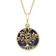 9ct Yellow Gold Blue Goldstone Small Round Large Leaves Tree of Life Necklace, P3340.