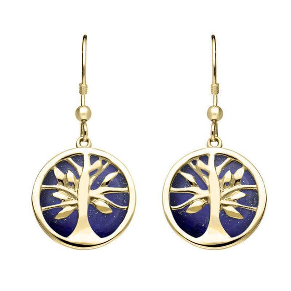 9ct Yellow Gold Lapis Lazuli Round Tree of Life Drop Earrings, E2485.