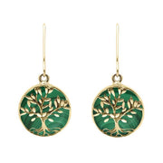 9ct Yellow Gold Malachite Round Large Tree of Life Leaves Drop Earrings, E2427