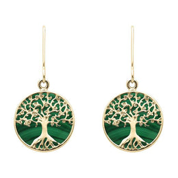 9ct Yellow Gold Malachite Round Tree of Life Drop Earrings, E2429.