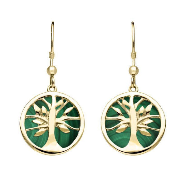 9ct Yellow Gold Malachite Round Tree of Life Drop Earrings, E2485.