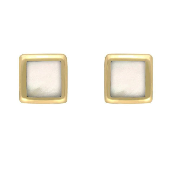 9ct Yellow Gold Mother of Pearl Dinky Square Stud Earrings, E034.
