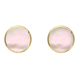9ct Yellow Gold Pink Mother of Pearl 8mm Classic Large Round Stud Earrings, e004.
