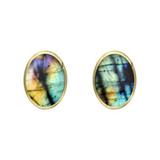9ct Yellow Gold Spectrolite 7 x 5mm Classic Small Oval Stud Earrings, E005.