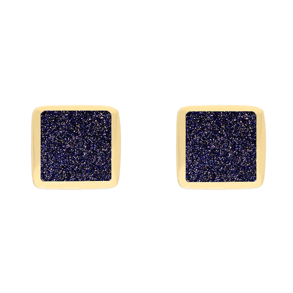 9ct Yellow Gold Sterling Silver Blue Goldstone Stepping Stones Square Stud Earrings E1295