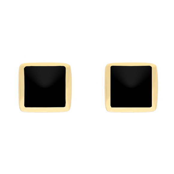 9ct Yellow Gold Sterling Silver Whitby Jet Stepping Stones Square Stud Earrings E1295
