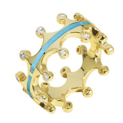 9ct Yellow Gold Turquoise Diamond Tiara Double Band Ring. R1234.