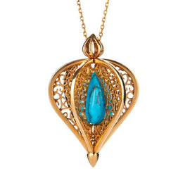 9ct Yellow Gold Turquoise Flore Filigree Droplet Necklace, P2330C.