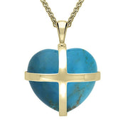 9ct Yellow Gold Turquoise Large Cross Heart Necklace, P1542.